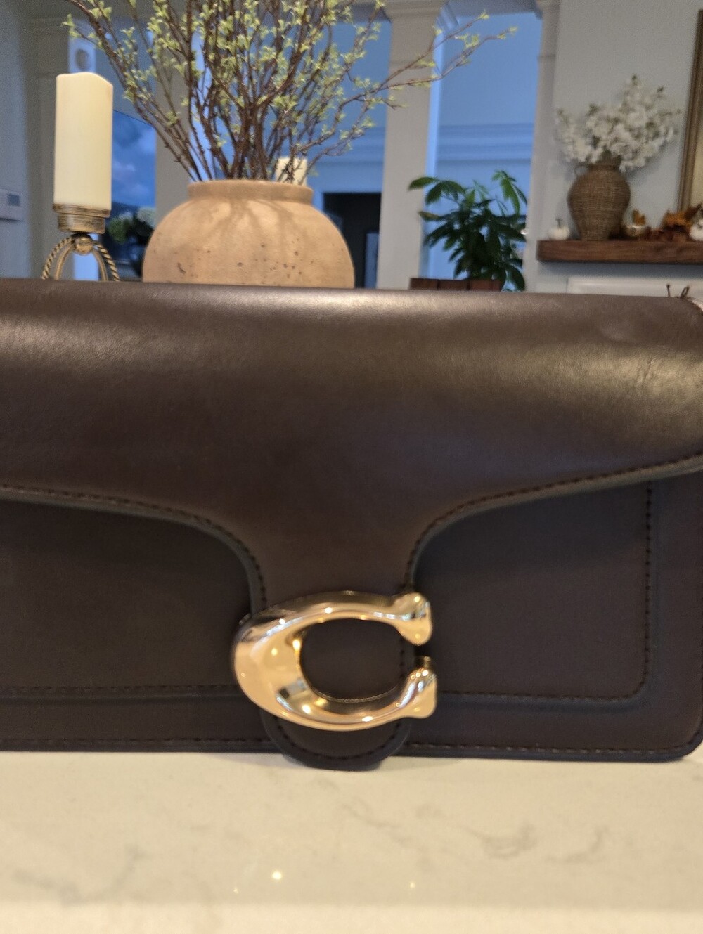 Dark Brown Faux Leather Clutch with Gold-Tone C Clasp